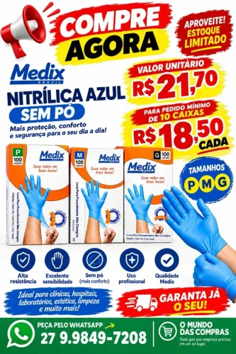 Luva Nitrílica Azul Medix c/100 Sem Pó - P, M e G