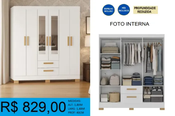 Guarda roupa compacto com espelho - entrega e montagem gratuita 