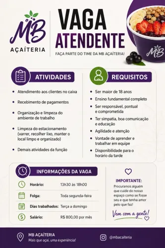 Vaga para atendimento ao publico de terça a domingo das 13:30 até as 18:00 no renascença. 