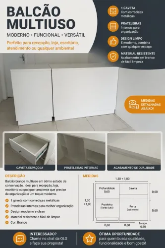 Balcão Multiuso Branco (2 módulos) com Gaveta e Prateleiras - Semi Novo