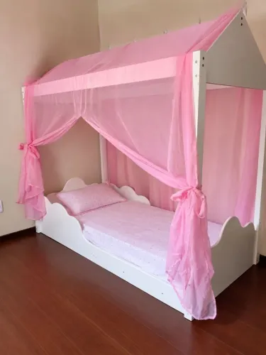 ? Cama Montessori Solteiro com Dossel Rosa - Linda e Conservada