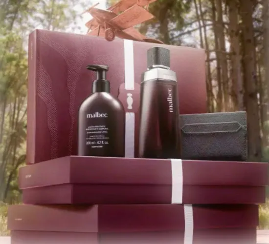 kit Malbec (3 itens) 01 perfume100ml, 01 hidratante 200ml e 01 carteira preta o boticário 