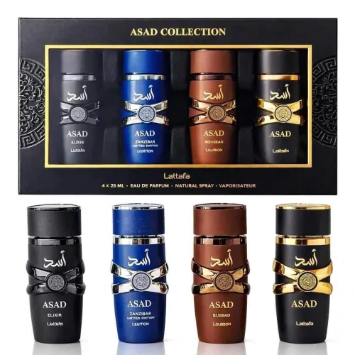 Perfumes Asad Collection da marca Lattafa contém quatro perfumes masculinos 25ml Cada