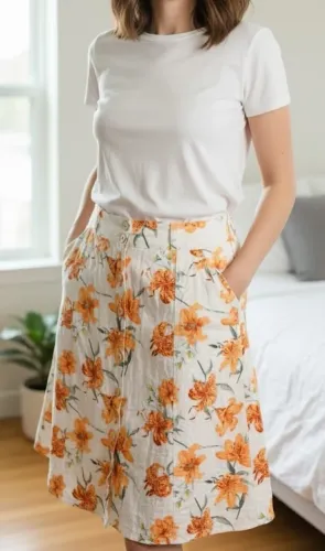 Saia Midi em Linho Natural | Estampa Floral Botânica