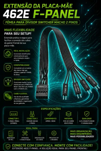 Cabo de Extensão da Placa-Mãe RGEEK 462E F-PANEL Fêmea para Divisor Switcher Macho 2 Pinos