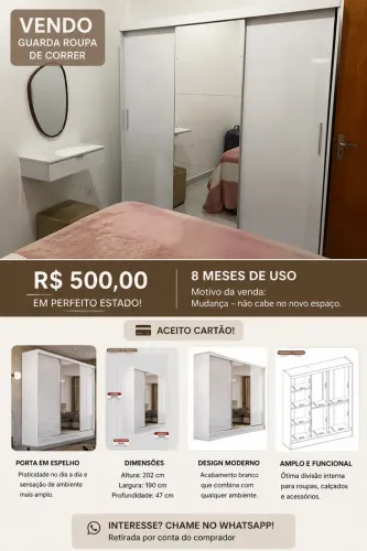 Guarda-roupa de correr branco com porta em espelho, moderno e em perfeito estado.