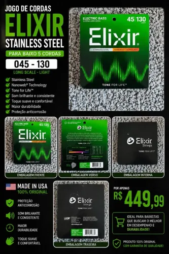 Cordas para Baixo Elixir Stainless Steel - 5 Cordas