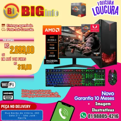 PC Completo AMD RYZEN 3 3200G, 16GB DDR4, SSD 480GB + Monitor 19 Led HDMI + Teclado Mouse