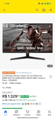 Monitor 32pol lg 165hz novo com nota e garantia 