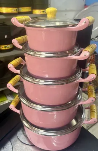 Kit de panelas rosa seco alumínio batido tampas de vidro