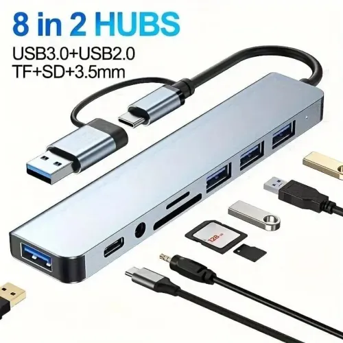 Hub USB 8 em 2 para Notebook e Computador - Type C, TF, SD, 3.5mm, USB