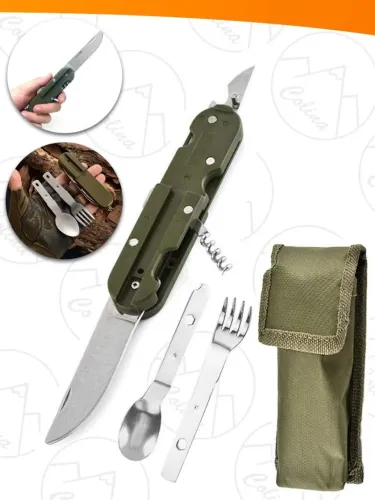 Kit Multifuncional de Camping com Talheres e Canivete