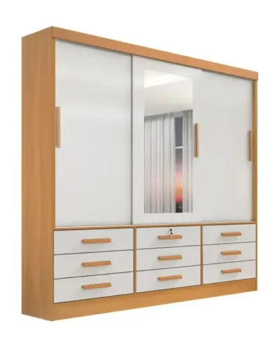 Guarda Roupa Meridian 3 Portas 9 Gavetas c/ Espelho D'Doro Cinamomo/Off - Entrega Rápida!