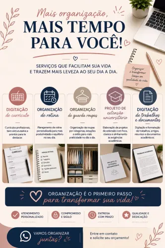 Trabalhos acadêmicos, organização de closet, confecção de currículo headline