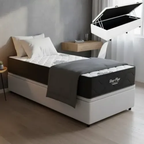 Novidade em estoque, receba já! Colchão Solteiro Star Plus D26 + Base Box Baú Corino