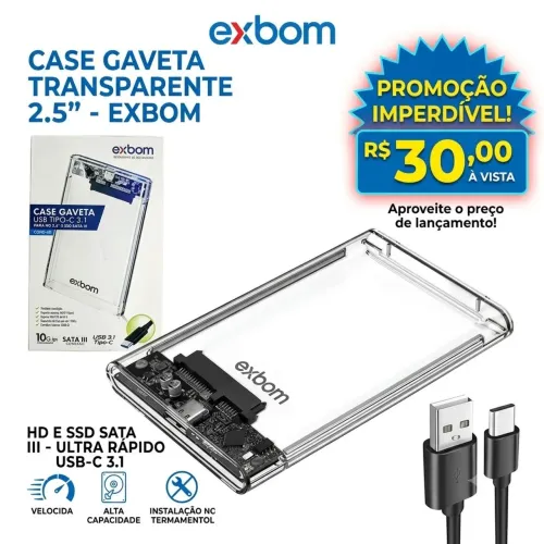 Case Gaveta para HD e SSD 2.5" SATA III USB-C 3.1 Ultra Rápido Transparente - Exbom