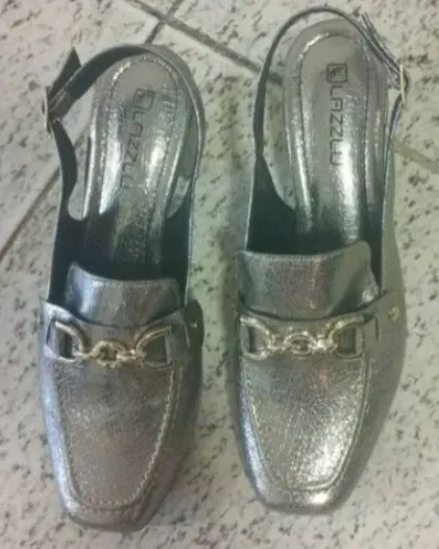 sapato prateado feminino mule loafer salto bloco grosso confortável tamanho 39