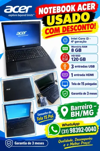 Notebook Acer Intel i3 memoria 8gb casa loja eletrônicos computador escritório empresa