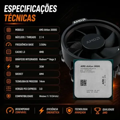 Processador Athlon 3000g, 3.5ghz, Am4, Com Vídeo Integrado