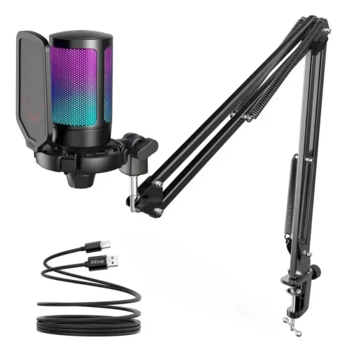 Microfone Gamer Fifine A6T RGB USB com Braço Articulado