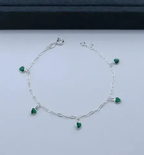 Pulseira Prata 925 Corações com Zircônia Verde 18cm Feminina