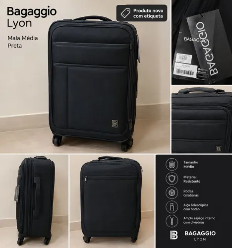 Mala Bagaggio Lyon Preta Média Nova com Etiqueta