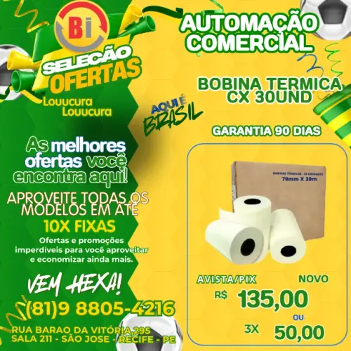 30 Bobina Térmica P/ De Cupom 80x40 Ecf Pdv Recibos Branco