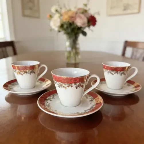 Jogo De Xícaras De Café Porcelana Anos 80 Vermelho E Dourado Vintage