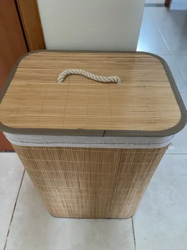 Cesto de Roupa Suja 70 LITROS Bambu c/ Tampa Retangular Forrado