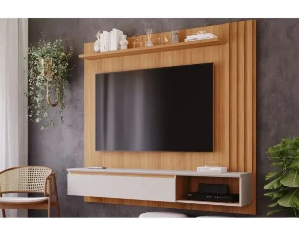 Painel p/ TV Panama até 60? c/ Porta e Nicho Nature/Off White - Permóbili