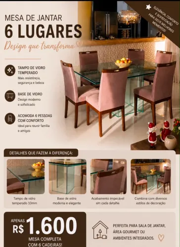 Mesa de vidro quadrada 6 lugares com 6 cadeiras