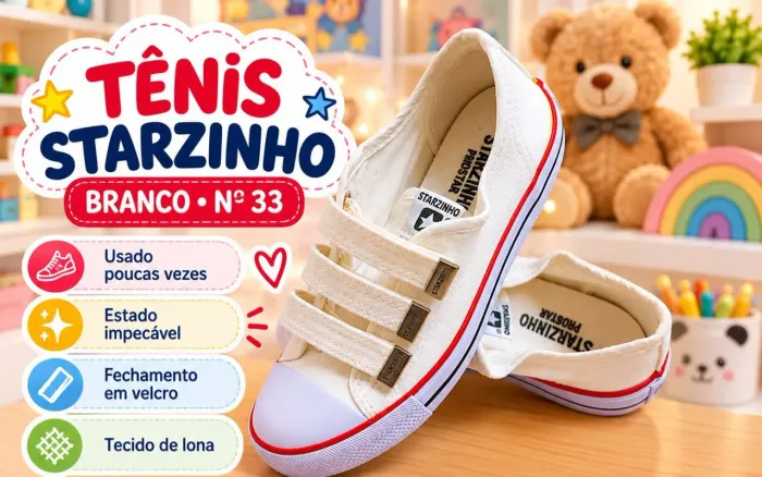 Tênis Starzinho Branco Infantil Nº 33 - Em Lona Com Velcro