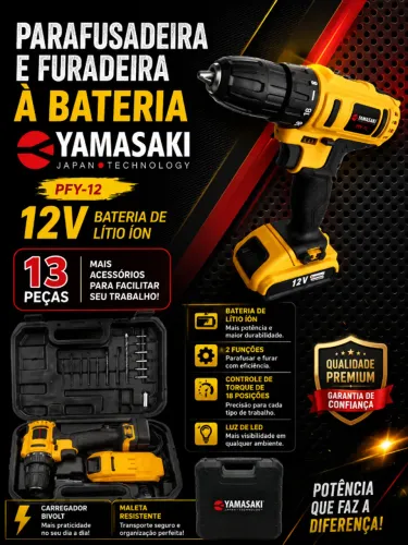 Parafusadeira e Furadeira Yamasaki 12V - Kit Completo com 13 Acessórios!