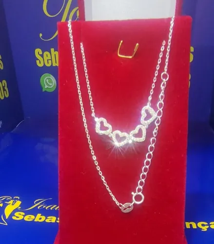 Gargantilha 4 Corações 45 Cm e Fio 1 mm Pingente Coração 30 x 6 mm Prata 925 e Peso Total