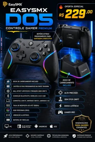 CONTROLE GAMER EASYSMX D05 + DOCK DE CARREGAMENTO + BOTOES ADICIONAIS NOVO LACRADO