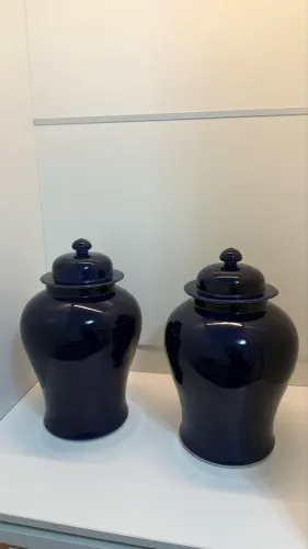 Par de Potiches Decorativos Azul-Marinho com Tampa