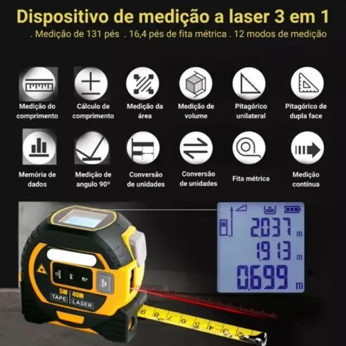 Trena e Nível Laser Digital 12 Funções Mete até 40 Metros