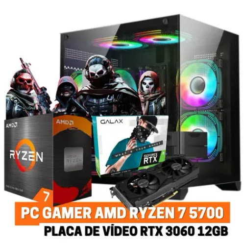 PC Gamer, AMD Ryzen 7 5700, Placa de Vídeo RTX 3060 12GB, 16GB DDR4, SSD 960GB