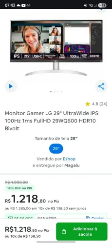 Monitor LG ultrawide 29 HDR 100HZ GSYNC