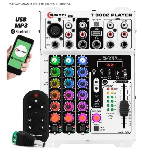 Mesa de áudio taramps T0302 player 3 canais Com Controle longa distância 