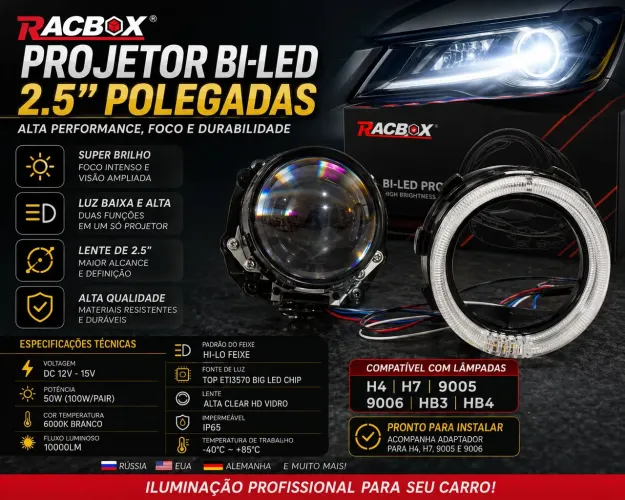 Projetor Bi-LED RACBOX 2.5" 100W Par | 10.000LM | Retrofit H4 H7 *
