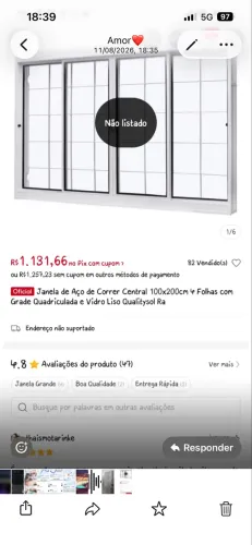 Janela de Aço de Correr 100x200cm 4 Folhas c/ Grade e Vidro - Nova