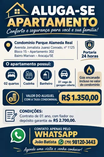 ALUGA-SE APARTAMENTO DE 2 QUARTOS, NO CONDOMÍNIO ALAMEDA REAL NO MARIVAN EM ARACAJU