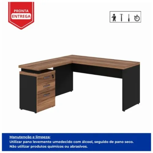 Mesa Escritório em L com Gaveteiro 1,50×1,50m Nogal Sevilha/Preto Modelo 21416
