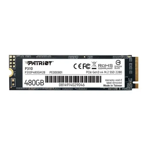 SSD Patriot 480GB NVMe P310 M.2 2280, PCIe, Leitura 1700MB/s, Gravacao 1500MB/s,