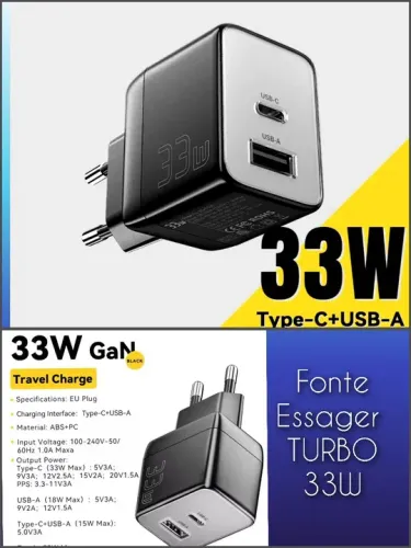 Carregador Rápido 33W Gan Type-C+USB-A Turbo
