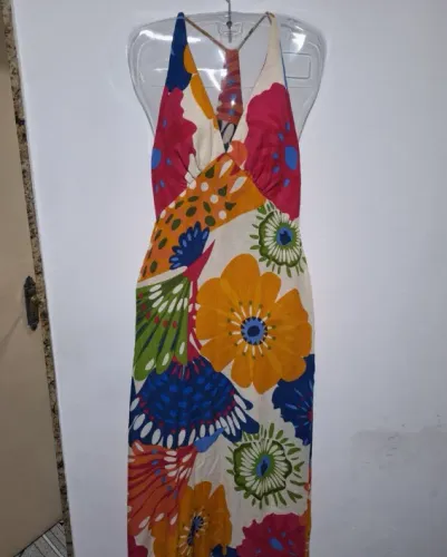 vestido longo farm estampa floral colorido decote nadador tamanho p