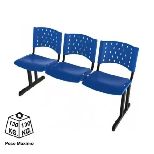 Longarina Plástica 3 Lugares Azul Reforçada Fácil Limpeza Recepção Pronta Entrega 33070
