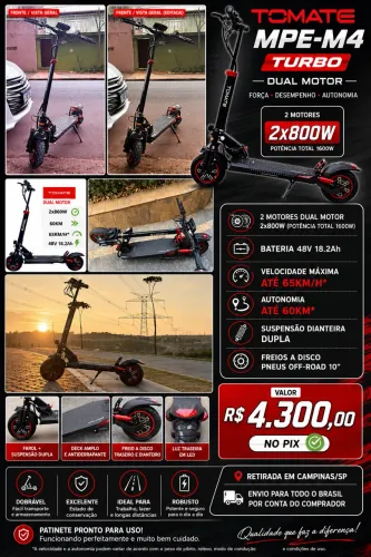 Patinete Elétrico M4 Turbo Dual Motor Tomate