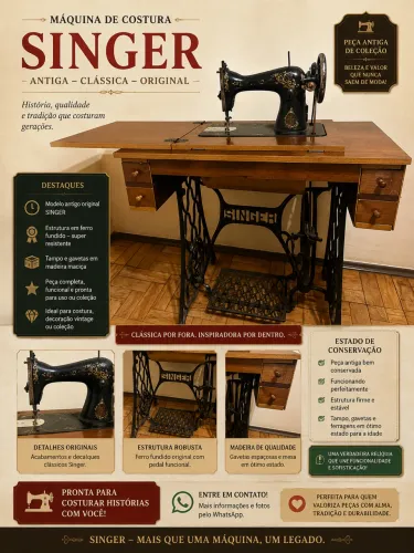 Máquina de Costura Singer Antiga Original com Gabinete de Madeira